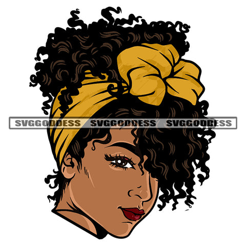 Gangster African American Woman Face Design Element Wearing Hair Band One Eye Open Vector White Background Short Curly Hairstyle SVG JPG PNG Vector Clipart Cricut Silhouette Cut Cutting