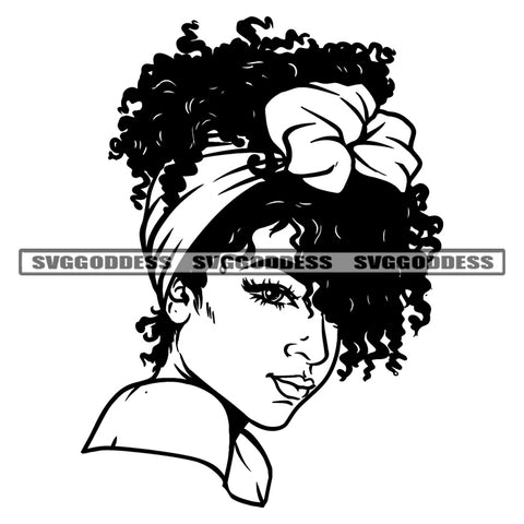 Black And White Gangster African American Woman Face Design Element Wearing Hair Band One Eye Open Vector White Background Short Curly Hairstyle SVG JPG PNG Vector Clipart Cricut Silhouette Cut Cutting