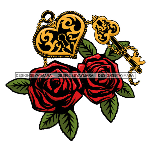 Red Roses Gold Lock And Key  SVG JPG PNG Vector Clipart Cricut Silhouette Cut Cutting