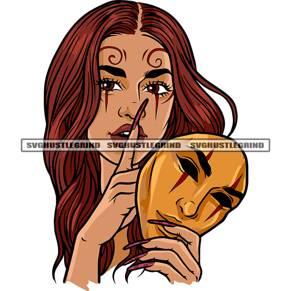 Afro Woman Showing Keep Silent Pose Smile Face Long Nail And Hand Holding Face Mask Design Element White Background SVG JPG PNG Vector Clipart Cricut Silhouette Cut Cutting