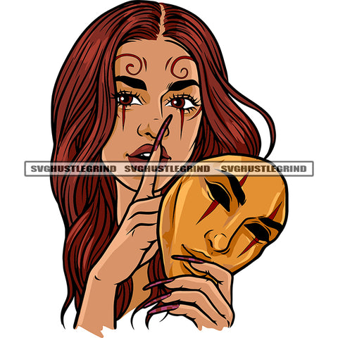 Afro Woman Showing Keep Silent Pose Smile Face Long Nail And Hand Holding Face Mask Design Element White Background SVG JPG PNG Vector Clipart Cricut Silhouette Cut Cutting