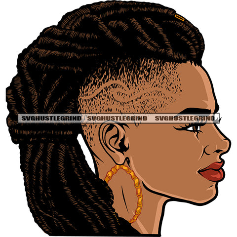 Mohawk Dreads African American Woman Face Design Element Afro Short Hairstyle White Background Wearing Hoop Earing SVG JPG PNG Vector Clipart Cricut Silhouette Cut Cutting