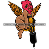 Gangster African American Angle Boy Hand Holding Big Drill Machine Afro Angel Wearing Ski Mask Design Element SVG JPG PNG Vector Clipart Cricut Silhouette Cut Cutting