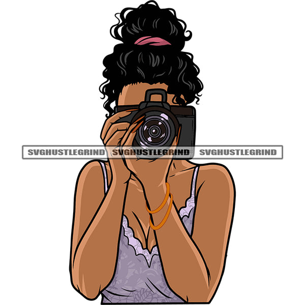 African American Girls Hand Holding Camera Take Photo Pose Design Element Short Afro Hairstyle White Background SVG JPG PNG Vector Clipart Cricut Silhouette Cut Cutting