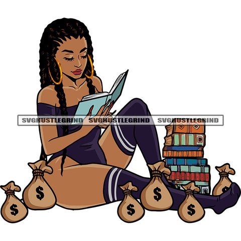 African American Woman Sitting Pose And Reading Book Lot Of Book On Floor Design Element Money Bag On Floor SVG JPG PNG Vector Clipart Cricut Silhouette Cut Cutting