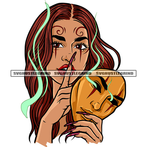 Afro Woman Showing Keep Silent Pose Smile Face Long Nail And Hand Holding Face Mask Design Element White Background Smoke Symbol Fly SVG JPG PNG Vector Clipart Cricut Silhouette Cut Cutting