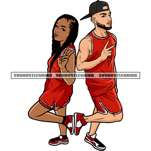 Gangster African American Couple Wearing Sport Dress And Cap Design Element Basket Ball Dress Peach Hand Sign SVG JPG PNG Vector Clipart Cricut Silhouette Cut Cutting