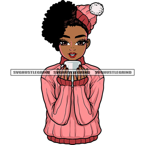 African American Smile Face Girls Hand Holding Coffee Mug Winter Season Wearing Hat Curly Short Hairstyle White Background SVG JPG PNG Vector Clipart Cricut Silhouette Cut Cutting