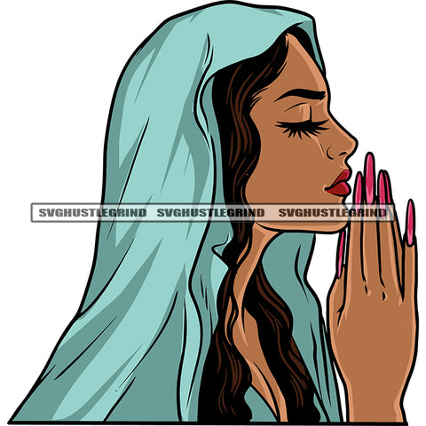 African American Woman Hard Praying Hand Long Nail Close Eyes Afro Woman Side Face Design Element Cloth On Head White Background SVG JPG PNG Vector Clipart Cricut Silhouette Cut Cutting