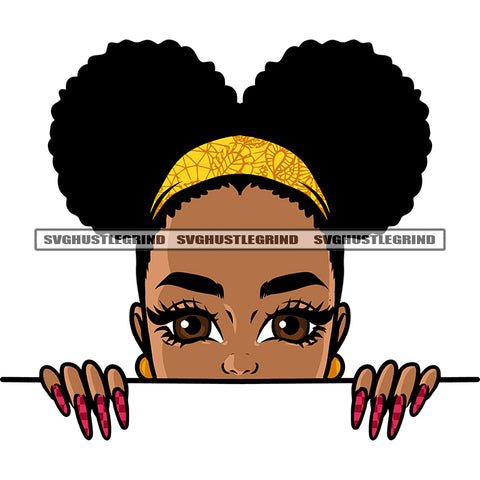 African American Girls Peeking Pose Afro Hairstyle And Afro Girls Long Nail Design Element White Background SVG JPG PNG Vector Clipart Cricut Silhouette Cut Cutting