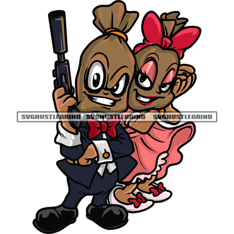 Money Bag Couple Character Smile Face And Hand Holding Gun Design Element Love Goal SVG JPG PNG Vector Clipart Cricut Silhouette Cut Cutting
