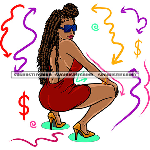 African American Sexy Woman Sitting Pose Wearing Sunglass And Afro Woman Locus Hairstyle Symbol Artwork On Side Design Element SVG JPG PNG Vector Clipart Cricut Silhouette Cut Cutting