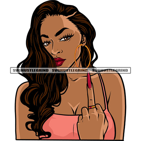 Black Afro Woman Showing Middle Finger Long Nail Curly Long Hairstyle Design Element Wearing Hoop Earing White Background SVG JPG PNG Vector Clipart Cricut Silhouette Cut Cutting