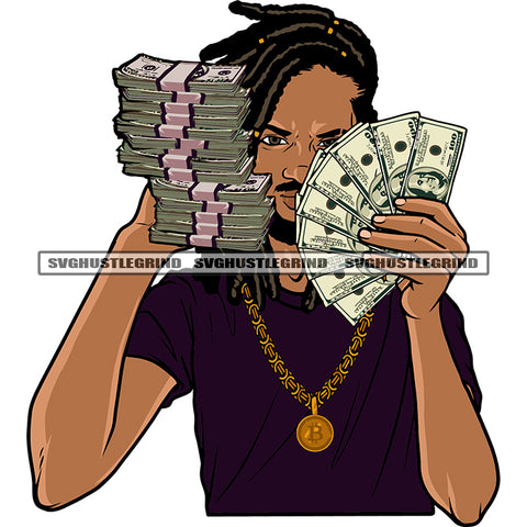 Gangster African American Man Hand Holding Money Note And Money Bundle Wearing Chain Afro Woman Angry Face Design Element Locus Hairstyle SVG JPG PNG Vector Clipart Cricut Silhouette Cut Cutting