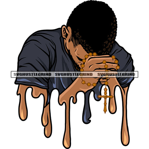 Afro Bearded Black Man Life Dramatic Pose Hard Praying Hand Design Element Hand Holding Cross White Background Color Dripping SVG JPG PNG Vector Clipart Cricut Silhouette Cut Cutting