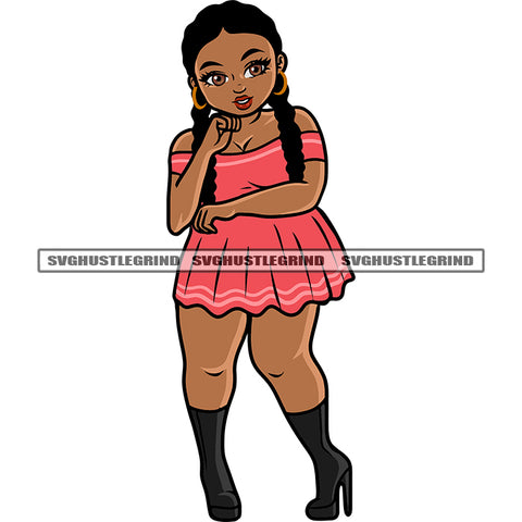 African American Cute Girls Standing Thinking Pose Afro Girls Long Hairstyle Wearing Hoop Earing Design Element SVG JPG PNG Vector Clipart Cricut Silhouette Cut Cutting