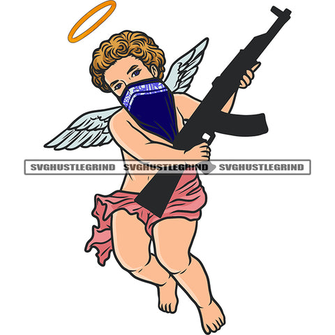 Baby Angle Hand Holding Gun And Angle Flying Design Element African American Baby Angle Wing White Background SVG JPG PNG Vector Clipart Cricut Silhouette Cut Cutting