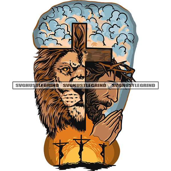 Crucifixion Tattoo Hard Praying Jesus Head Thorn Crown Lion Face And Brain Design Element White Background Artwork