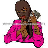 Black Beauty Woman Smile Face Hand Holding Money Note Wearing Ski Mask African American Woman Face Design Element SVG JPG PNG Vector Clipart Cricut Silhouette Cut Cutting