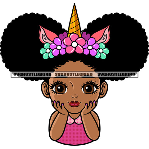 African American Cute Baby Girls Smile Face Design Element Wearing Horn Hairband Afro Puffy Hairstyle White Background SVG JPG PNG Vector Clipart Cricut Silhouette Cut Cutting