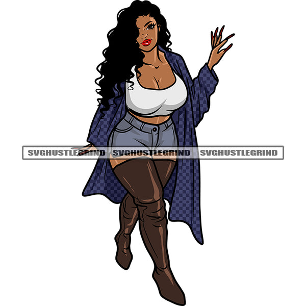 Plus Size Woman Walking Afro Curly Hairstyle Smile Face Design Element Long Nail White Background SVG JPG PNG Vector Clipart Cricut Silhouette Cut Cutting