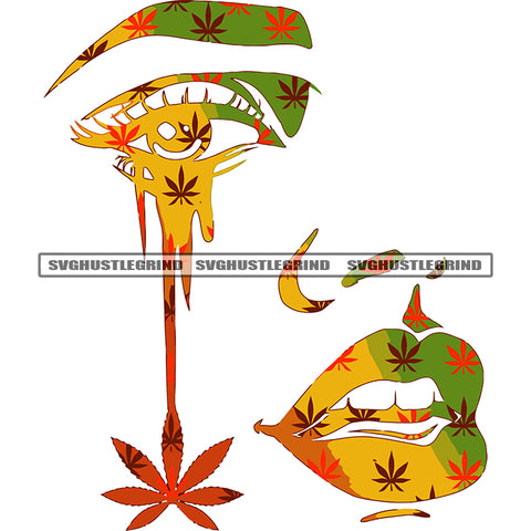 Color Artwork Woman Lips And Eyes Design Element Blood Dripping Make Marijuana Leaves White Background SVG JPG PNG Vector Clipart Cricut Silhouette Cut Cutting