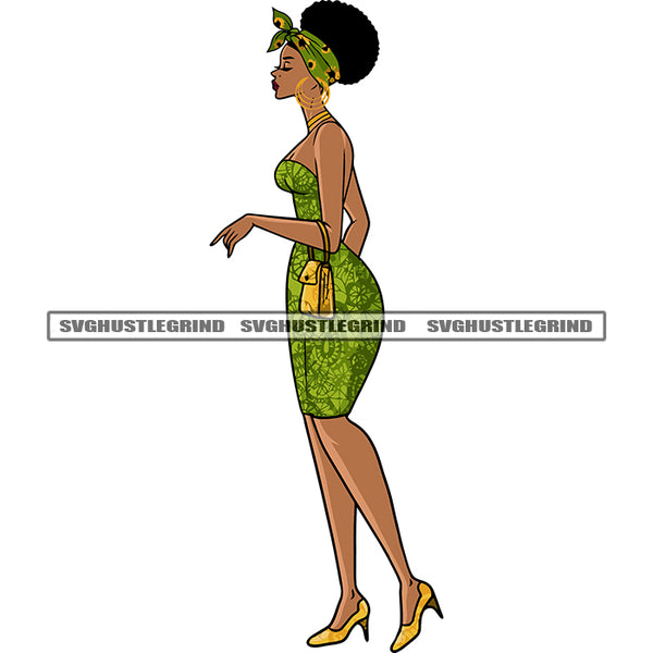 Slim Body African American Woman Standing Design Element Afro Girls Wearing Hoop Earing Afro Hairstyle SVG JPG PNG Vector Clipart Cricut Silhouette Cut Cutting