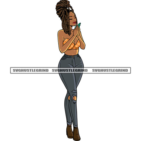 Hard Praying Hand Afro Woman Close Eyes Locus Hairstyle Design Element White Background African American Woman Standing SVG JPG PNG Vector Clipart Cricut Silhouette Cut Cutting