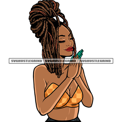 Smile Afro Girls Half Face Hard Praying Hand Afro Woman Close Eyes Locus Hairstyle Design Element White Background African American Girls SVG JPG PNG Vector Clipart Cricut Silhouette Cut Cutting