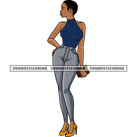 Model Girls African American Girls Standing Afro Short Hairstyle Wearing Hoop Earing Design Element White Background SVG JPG PNG Vector Clipart Cricut Silhouette Cut Cutting