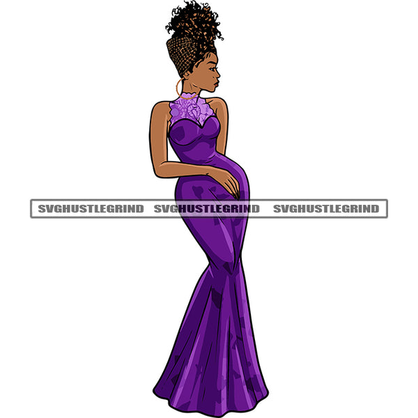 African American Woman Standing Afro Hairstyle Design Element Wearing Hoop Earing Vector White Background SVG JPG PNG Vector Clipart Cricut Silhouette Cut Cutting