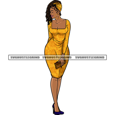 Smile Face African American Model Woman Standing Afro Hairstyle Design Element Hand Holding Bag White Background Sexy Afro Woman SVG JPG PNG Vector Clipart Cricut Silhouette Cut Cutting