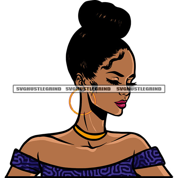 Smile Face African American Girls Close Eyes Afro Girls Wearing Hoop Earing Design Element Afro Short Hairstyle White Background SVG JPG PNG Vector Clipart Cricut Silhouette Cut Cutting