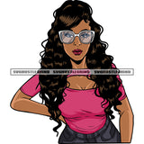 Gangster Woman Wearing Sunglass Curly Long Hairstyle Design Element African American Woman Standing Cute Face White Background SVG JPG PNG Vector Clipart Cricut Silhouette Cut Cutting