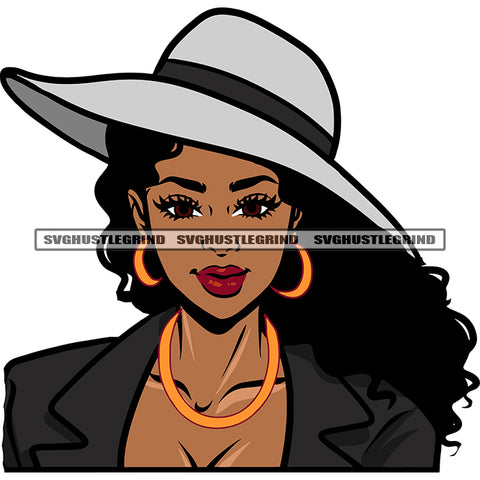 Beautiful African American Woman Face Design Element Wearing Hoop Earing And Cowboy Hat Curly Long Hairstyle SVG JPG PNG Vector Clipart Cricut Silhouette Cut Cutting