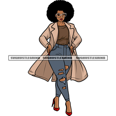 Smile Face African American Woman Standing Puffy Hairstyle Wearing Sunglass Design Element Long Cloth Vector SVG JPG PNG Clipart Cricut Silhouette Cut Cutting