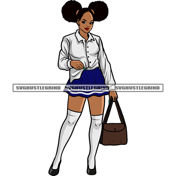 Puffy Hairstyle Black Beauty Woman Wearing Sexy Dress Smile Face Hand Holding Bag Design Element White Background Cute Face Woman SVG JPG PNG Vector Clipart Cricut Silhouette Cut Cutting