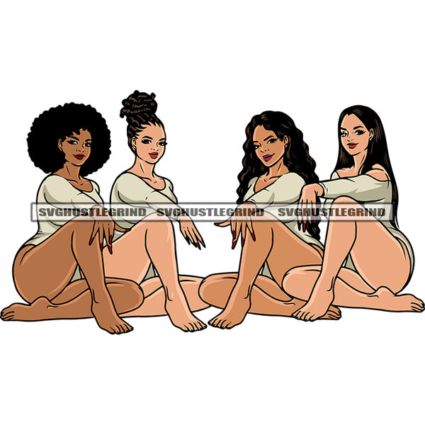 Yoga Girls Squad Woman Sitting Pose Wearing Sexy Dress Smile Face Locus Puffy And Curly Hairstyle Design Element SVG JPG PNG Vector Clipart Cricut Silhouette Cut Cutting