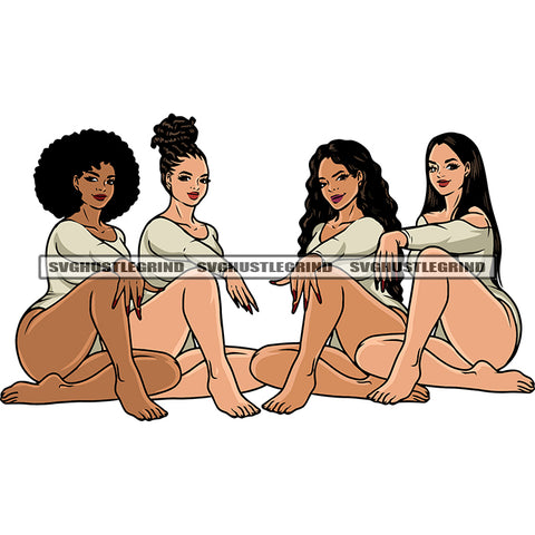 Yoga Girls Squad Woman Sitting Pose Wearing Sexy Dress Smile Face Locus Puffy And Curly Hairstyle Design Element SVG JPG PNG Vector Clipart Cricut Silhouette Cut Cutting