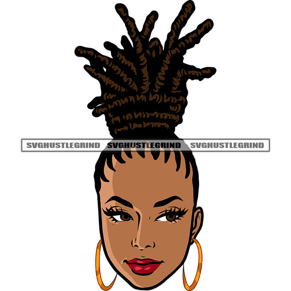 Cute Black Beauty Girls Face Design Element Wearing Hoop Earing Smile Face Locus Short Hairstyle White Background SVG JPG PNG Vector Clipart Cricut Silhouette Cut Cutting