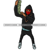 African American Gangster Woman Hand Holding Money Bundle Afro Woman Standing Wearing Ski Mask Design Element SVG JPG PNG Vector Clipart Cricut Silhouette Cut Cutting