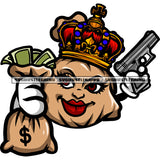 Smile Face Woman Funny Cartoon Character Hand Holding Gun And Money Bag Design Element Crown On Cartoon Character Head Smile Face SVG JPG PNG Vector Clipart Cricut Silhouette Cut Cutting