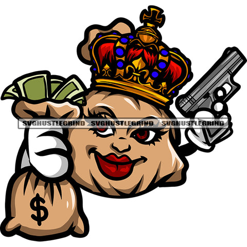 Smile Face Woman Funny Cartoon Character Hand Holding Gun And Money Bag Design Element Crown On Cartoon Character Head Smile Face SVG JPG PNG Vector Clipart Cricut Silhouette Cut Cutting