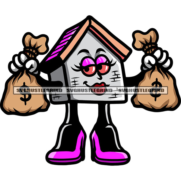 Woman House Cartoon Character Hand Holding Money Bag Smile Face And Wearing Shoes Design Element White Background SVG JPG PNG Vector Clipart Cricut Silhouette Cut Cutting