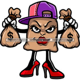 Woman Face House Cartoon Character Hand Holding Money Bag Wearing Shoes And Cap Smile Face House Character Design Element White Background SVG JPG PNG Vector Clipart Cricut Silhouette Cut Cutting