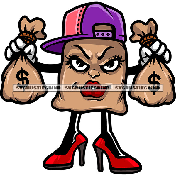 Woman Face House Cartoon Character Hand Holding Money Bag Wearing Shoes And Cap Smile Face House Character Design Element White Background SVG JPG PNG Vector Clipart Cricut Silhouette Cut Cutting