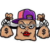 Gangster Woman Face House Cartoon Character Hand Holding Money Bag Wearing Cap Smile Face House Character Design Element White Background SVG JPG PNG Vector Clipart Cricut Silhouette Cut Cutting