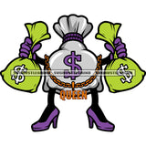 Queen Quote Chain Locket Money Bag Cartoon Character Standing And Hand Holding Money Bag Design Element Wearing Shoe White Background SVG JPG PNG Vector Clipart Cricut Silhouette Cut Cutting