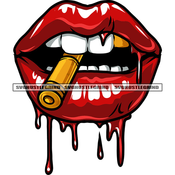 Beautiful Woman Lips Bullet On Mouth African American Woman Lips Blood Dripping Design Element White Background SVG JPG PNG Vector Clipart Cricut Silhouette Cut Cutting