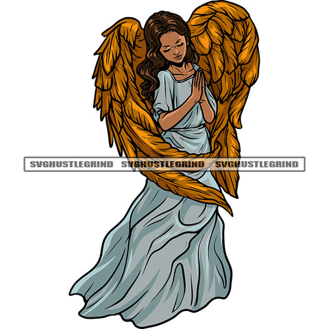 Smile Face African American Angle Hard Praying Hand Golden Wings Design Element Angle Close Eyes SVG JPG PNG Vector Clipart Cricut Silhouette Cut Cutting